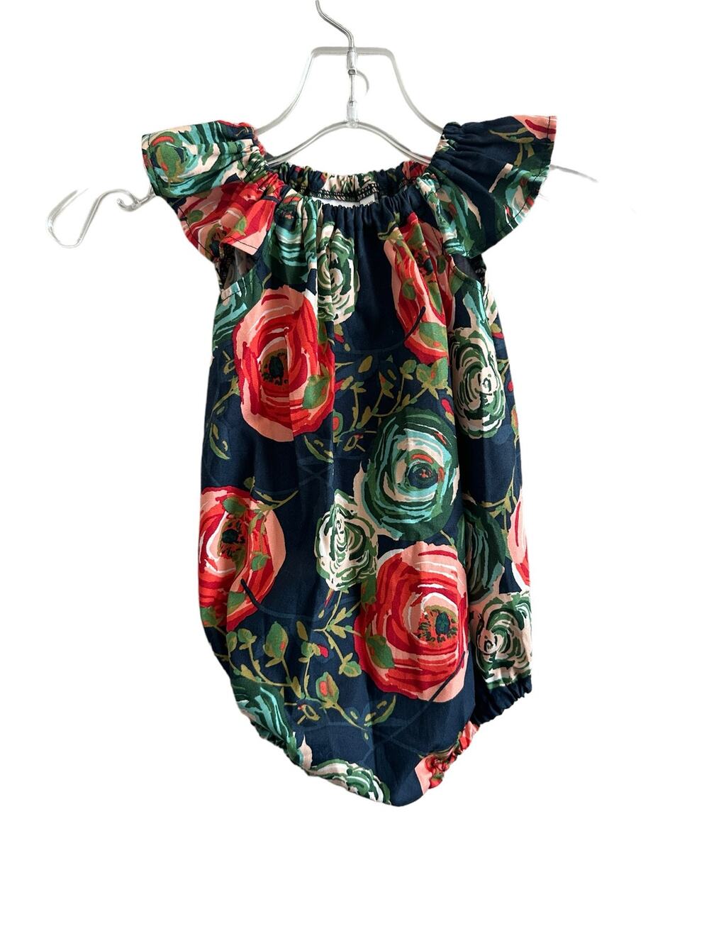 Cranky Peach Girls 6-12M Navy, Red, Green Floral Short Sleeve Cotton Onesie